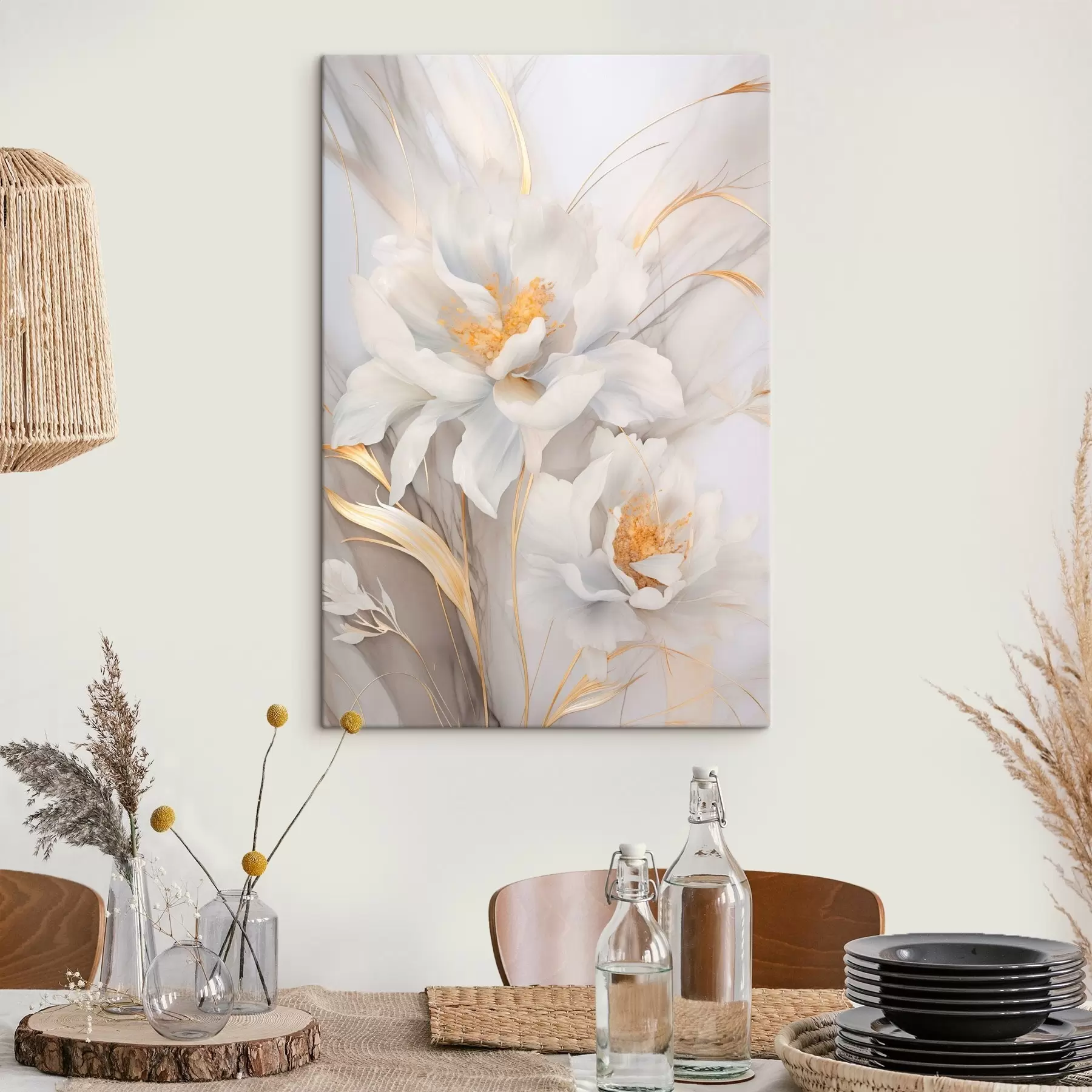 Obraz Białe kwiaty z żółtymi słupkami i łodygami, delikatne płatki, elegancka kompozycja, neutralne tło s46293