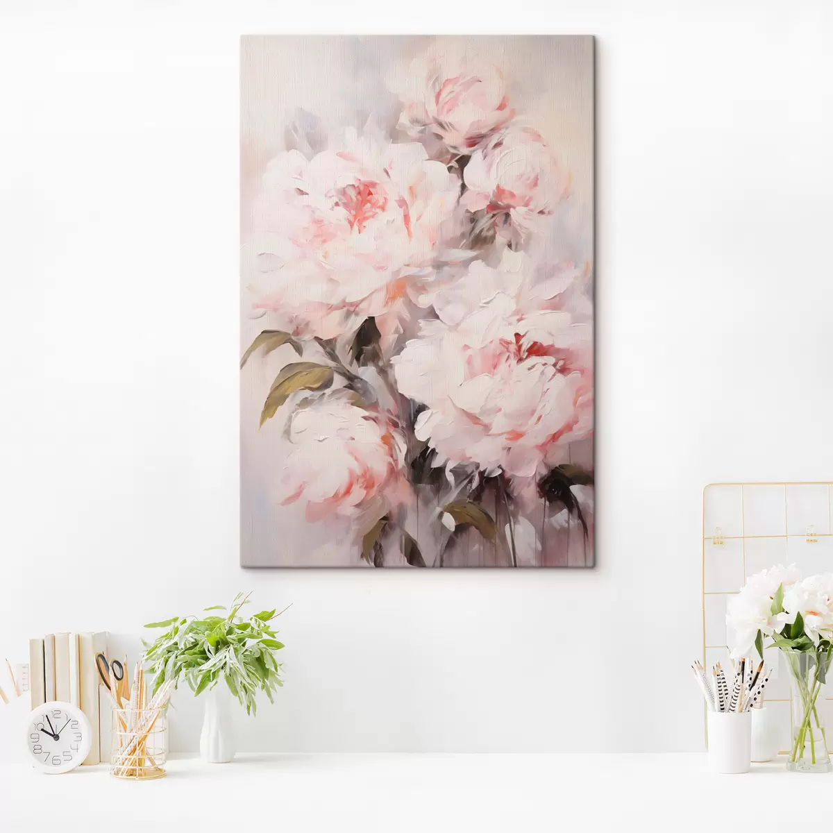 Obraz Bukiet jasnoróżowych piwonii z zielonymi liśćmi, delikatne pociągnięcia pędzla, pastelowe kolory, na jasnym tle s46294