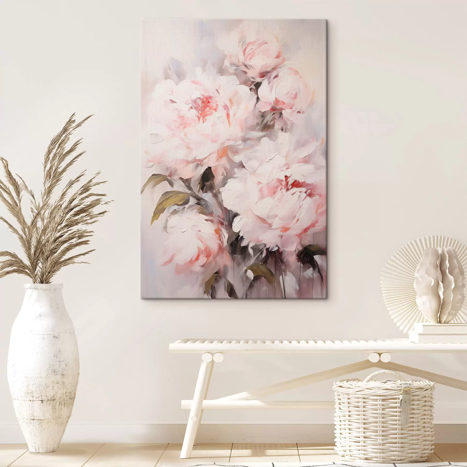 Obraz Bukiet jasnoróżowych piwonii z zielonymi liśćmi, delikatne pociągnięcia pędzla, pastelowe kolory, na jasnym tle s46294