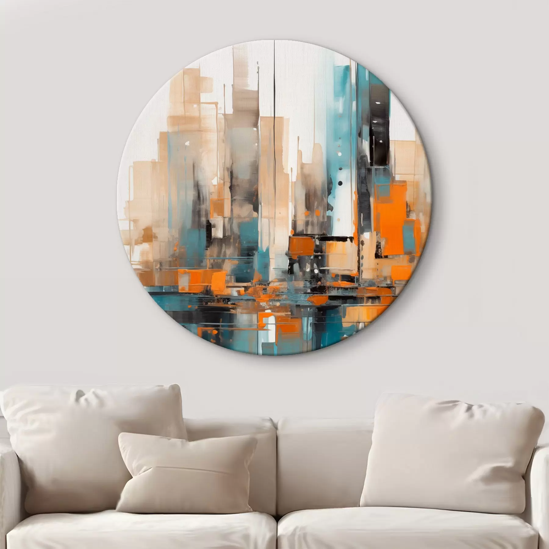 Obraz Abstrakcyjny pejzaż miejski z pomarańczowymi, turkusowymi i brązowymi pionowymi pociągnięciami pędzla i geometrycznymi kształtami r46266