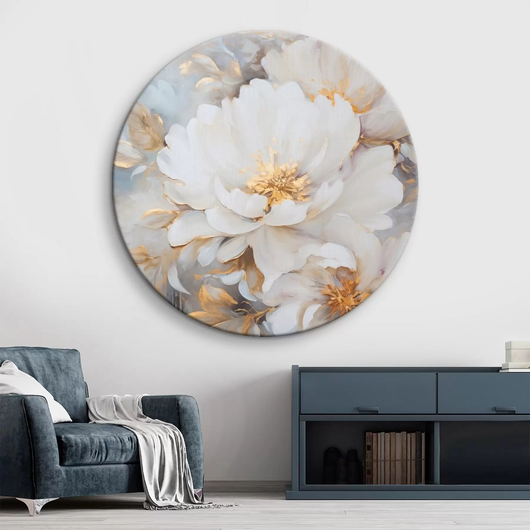 Obraz Białe piwonie z niebieskimi środkami i liśćmi, delikatne pociągnięcia pędzla, jasnoniebieskie tło, kompozycja kwiatowa r46271