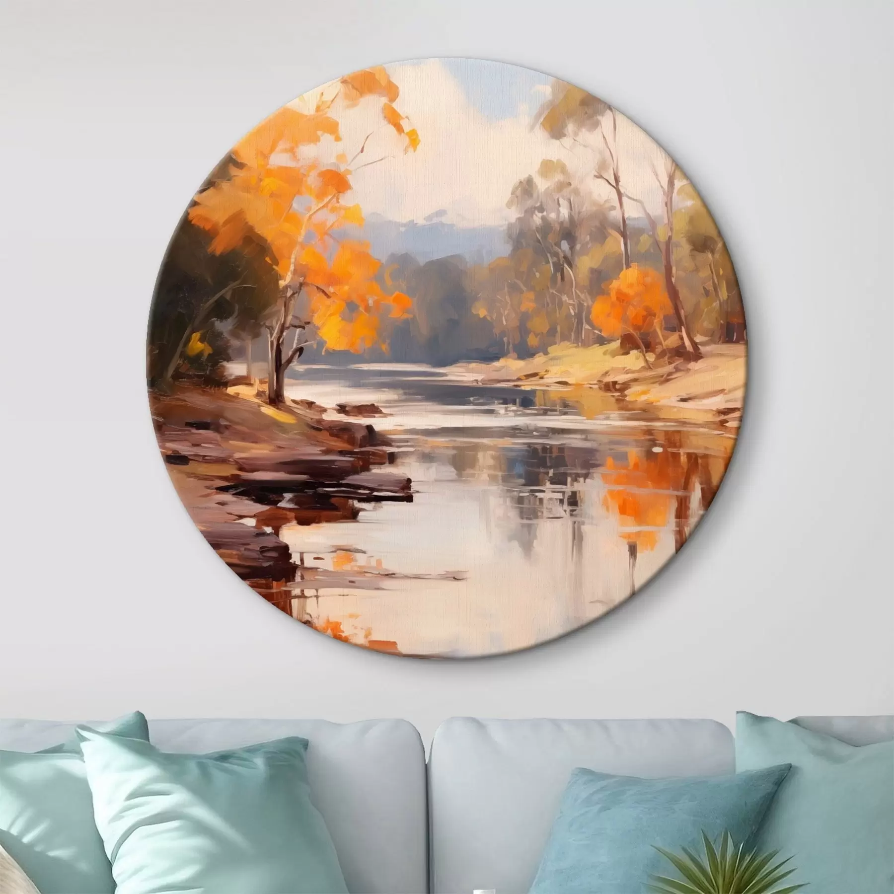 Obraz Jesienny krajobraz, rzeka z drzewami na brzegu, las w tle, odbicia na wodzie r46280