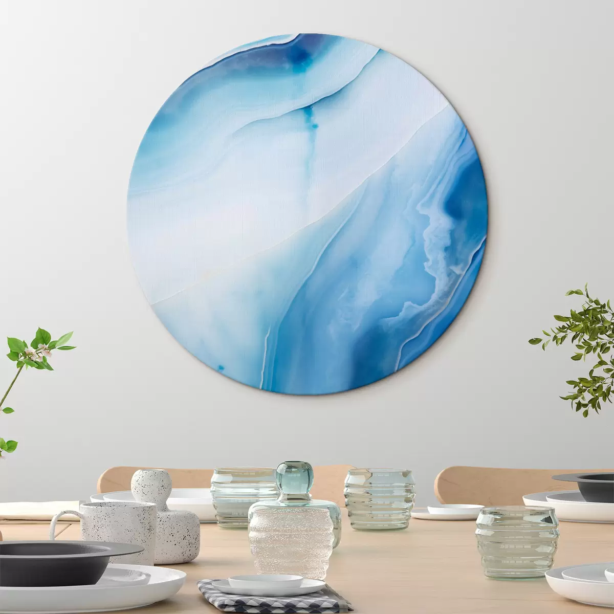 Okrągłe obrazy Abstrakcyjny wzór z niebieskiego i białego agatu, wirujące linie i gradienty, gładka faktura, sztuka nowoczesna, minimalistyczny r46291