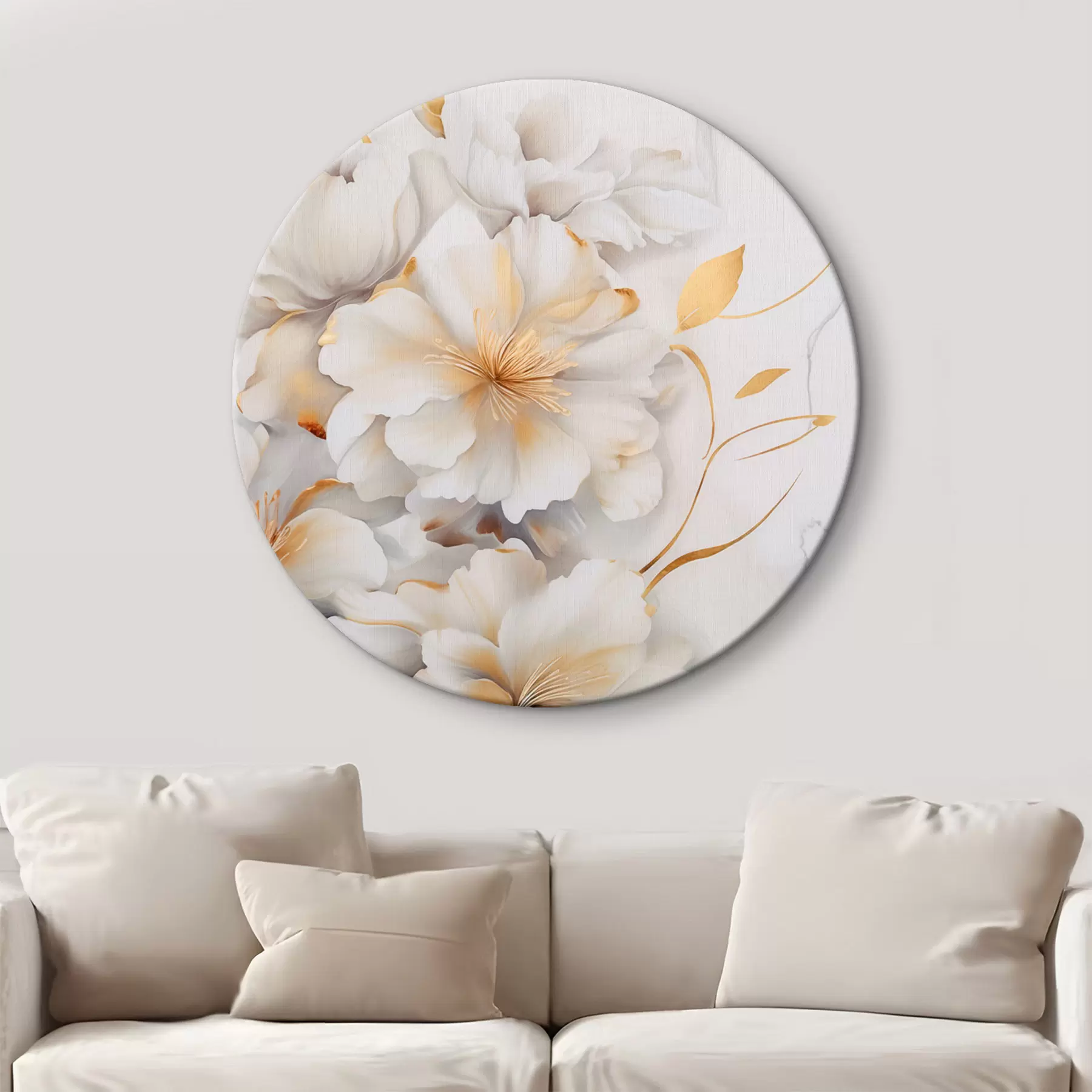 Obraz Białe kwiaty z żółtymi detalami, płatki z delikatnymi cieniami, jasne tło z subtelnym efektem marmuru r46292