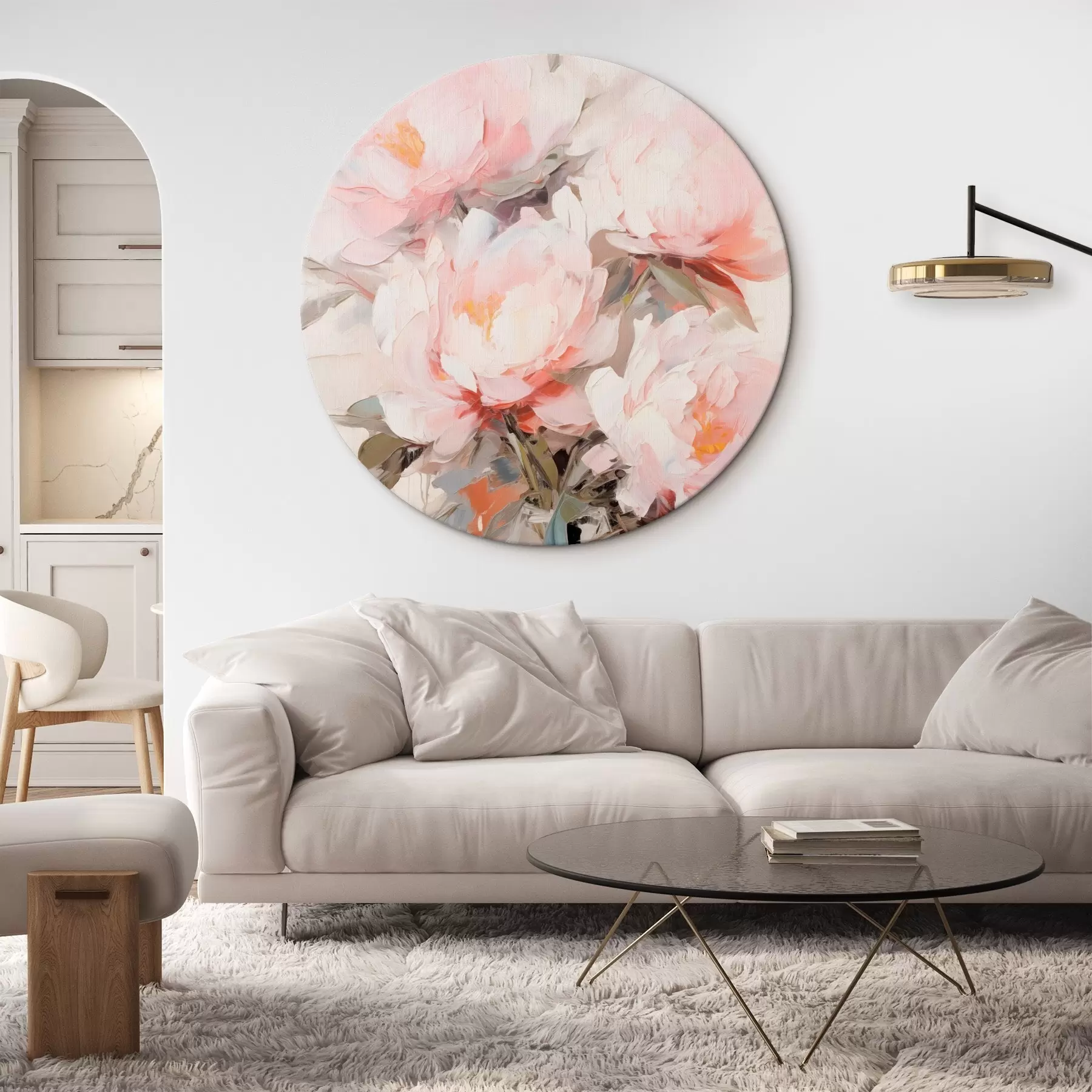 Obraz Bukiet różowych i białych piwonii w szklanym wazonie, delikatne pociągnięcia pędzla, pastelowe kolory, neutralne tło r46295