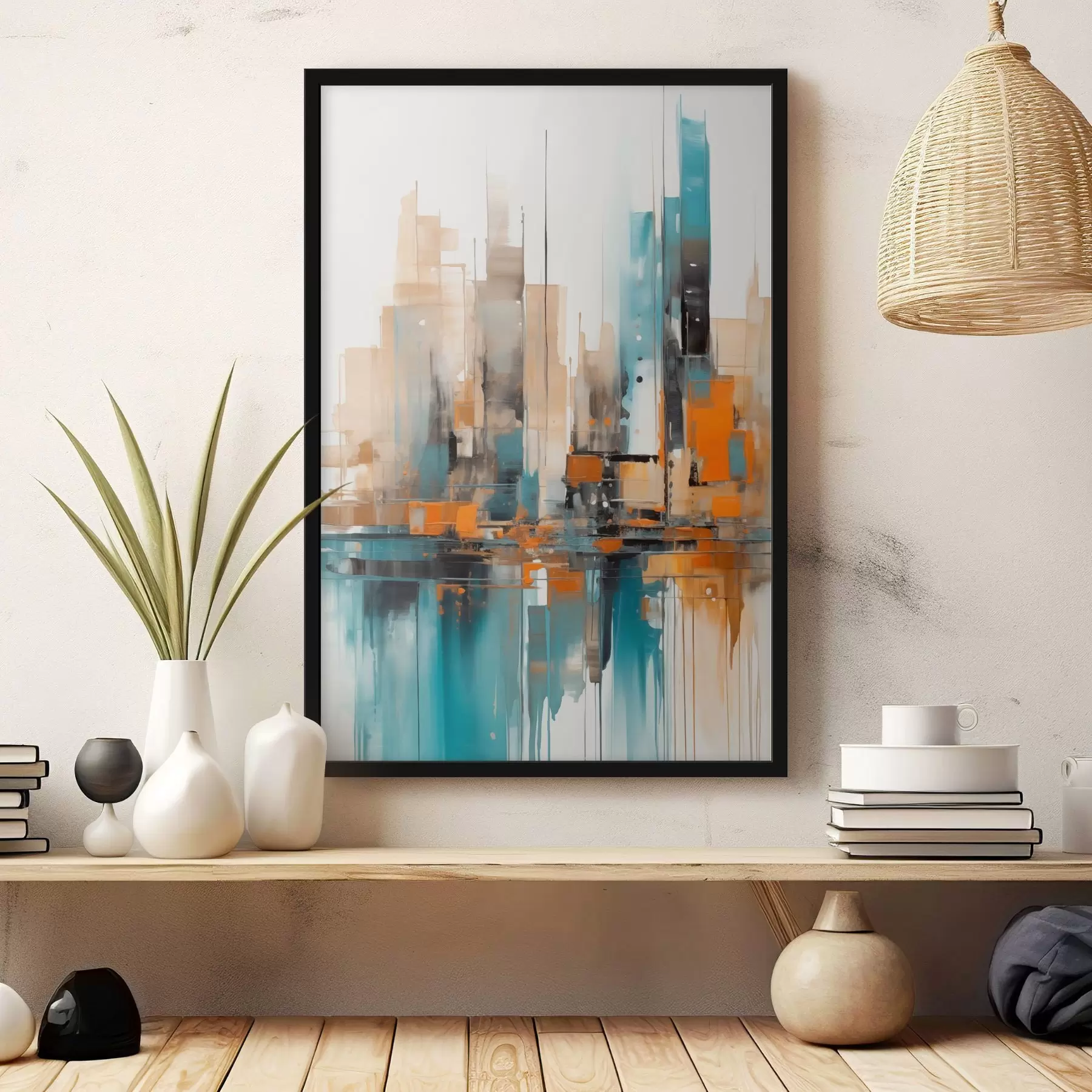 Fototapeta Abstrakcyjny pejzaż miejski z pomarańczowymi, turkusowymi i brązowymi pionowymi pociągnięciami pędzla i geometrycznymi kształtami f46266