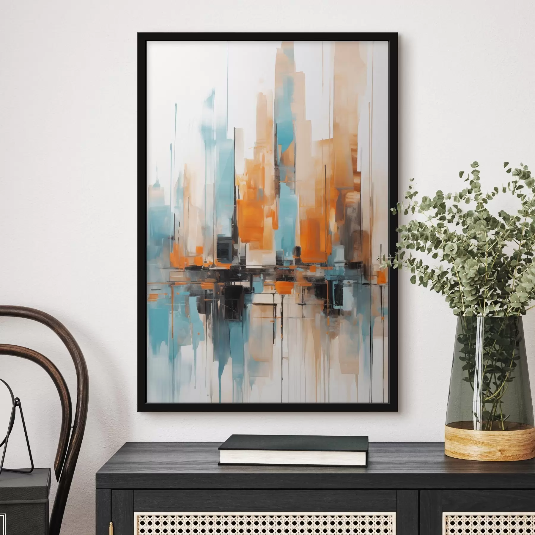 Fototapeta Abstrakcyjny pejzaż miejski z pionowymi pociągnięciami pędzla w odcieniach pomarańczowego, niebieskiego i białego, styl malarski f46267