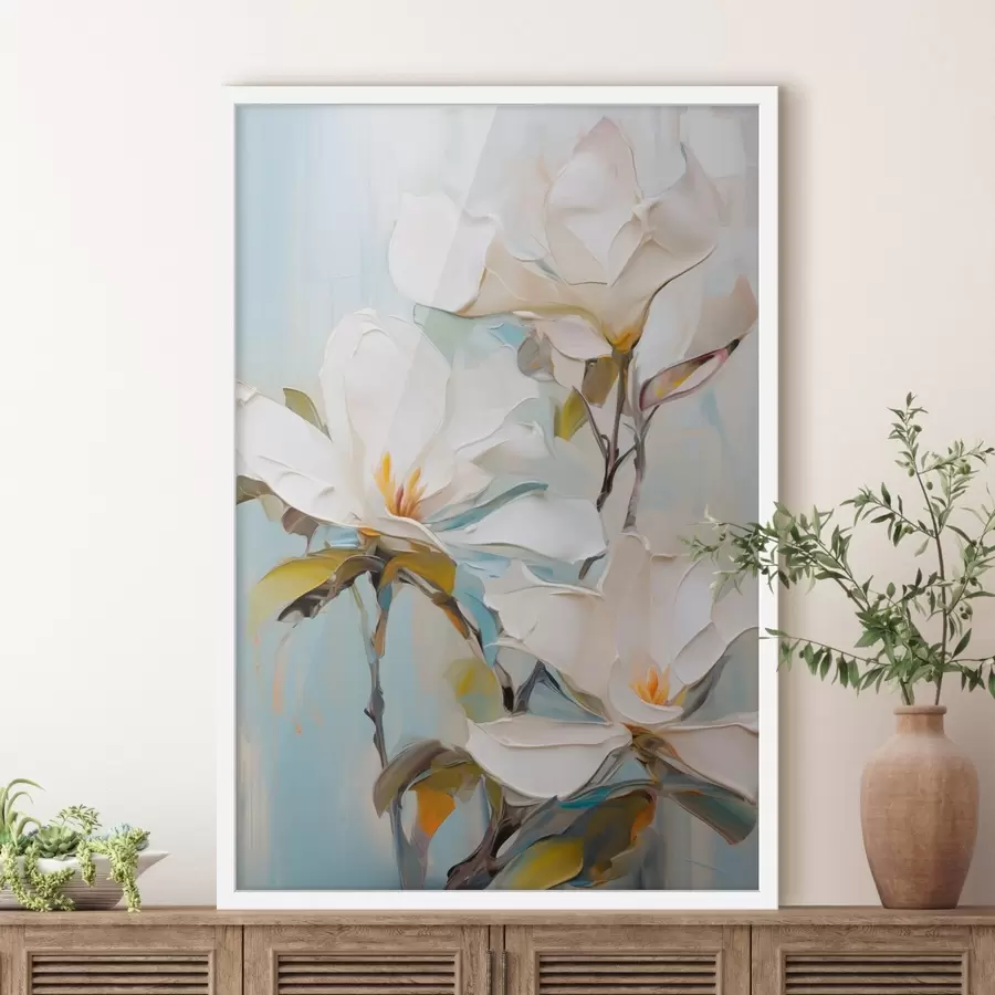 Fototapeta Białe kwiaty magnolii, jasnoniebieskie tło z delikatnymi pociągnięciami pędzla, styl malarstwa olejnego, faktura impasto f46276