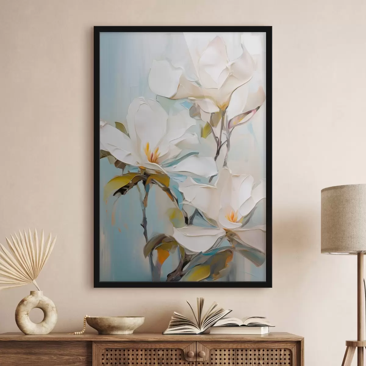 Plakat Białe kwiaty magnolii, jasnoniebieskie tło z delikatnymi pociągnięciami pędzla, styl malarstwa olejnego, faktura impasto f46276