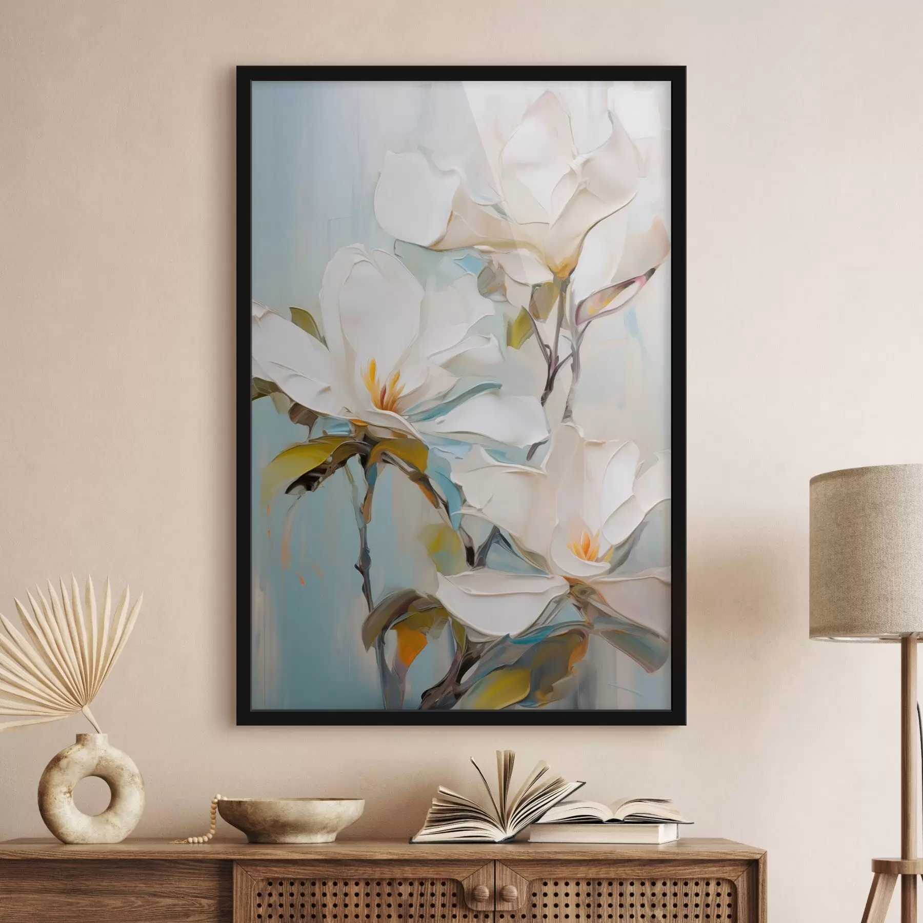 Fototapeta Białe kwiaty magnolii, jasnoniebieskie tło z delikatnymi pociągnięciami pędzla, styl malarstwa olejnego, faktura impasto f46276