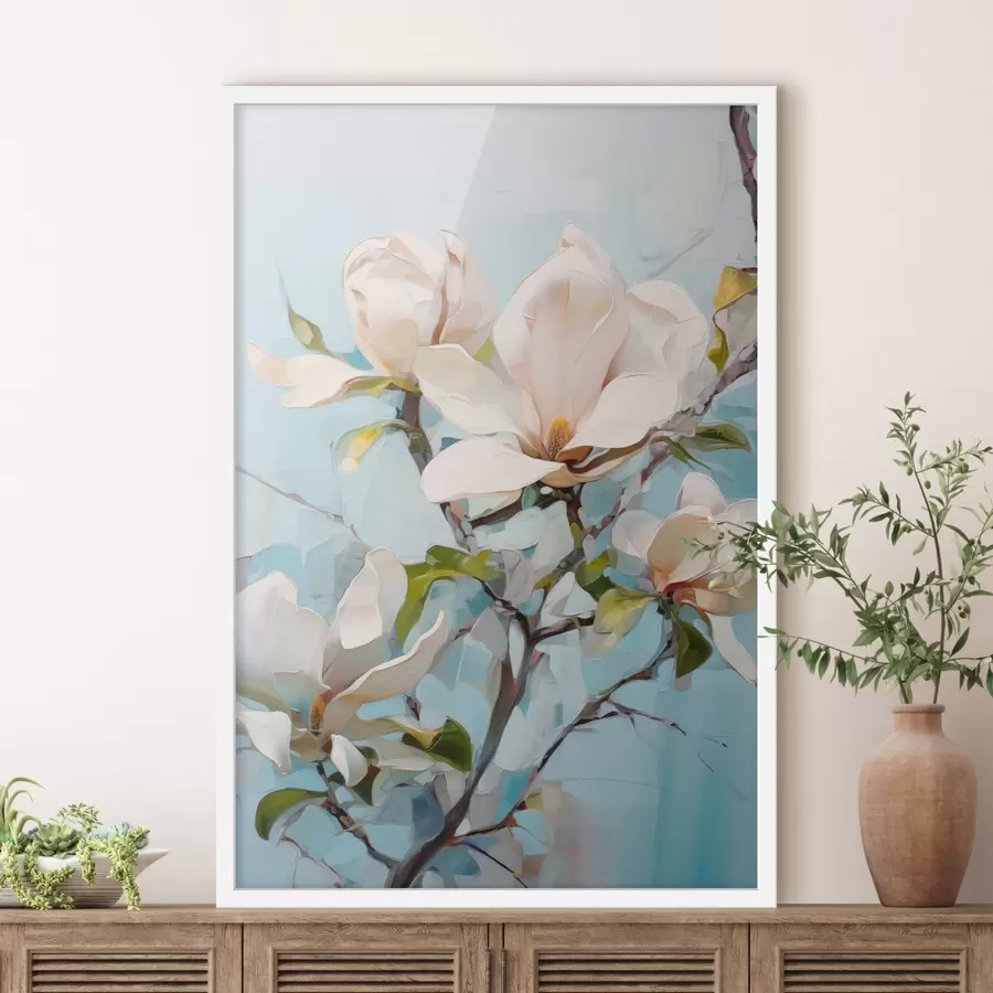 Fototapeta Białe kwiaty magnolii, jasnoniebieskie tło z delikatnymi pociągnięciami pędzla, styl malarstwa olejnego, faktura impasto f46277