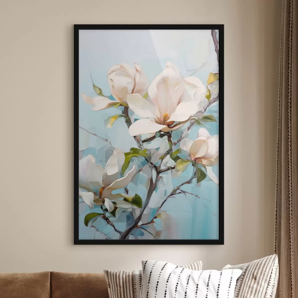 Plakat Białe kwiaty magnolii, jasnoniebieskie tło z delikatnymi pociągnięciami pędzla, styl malarstwa olejnego, faktura impasto f46277