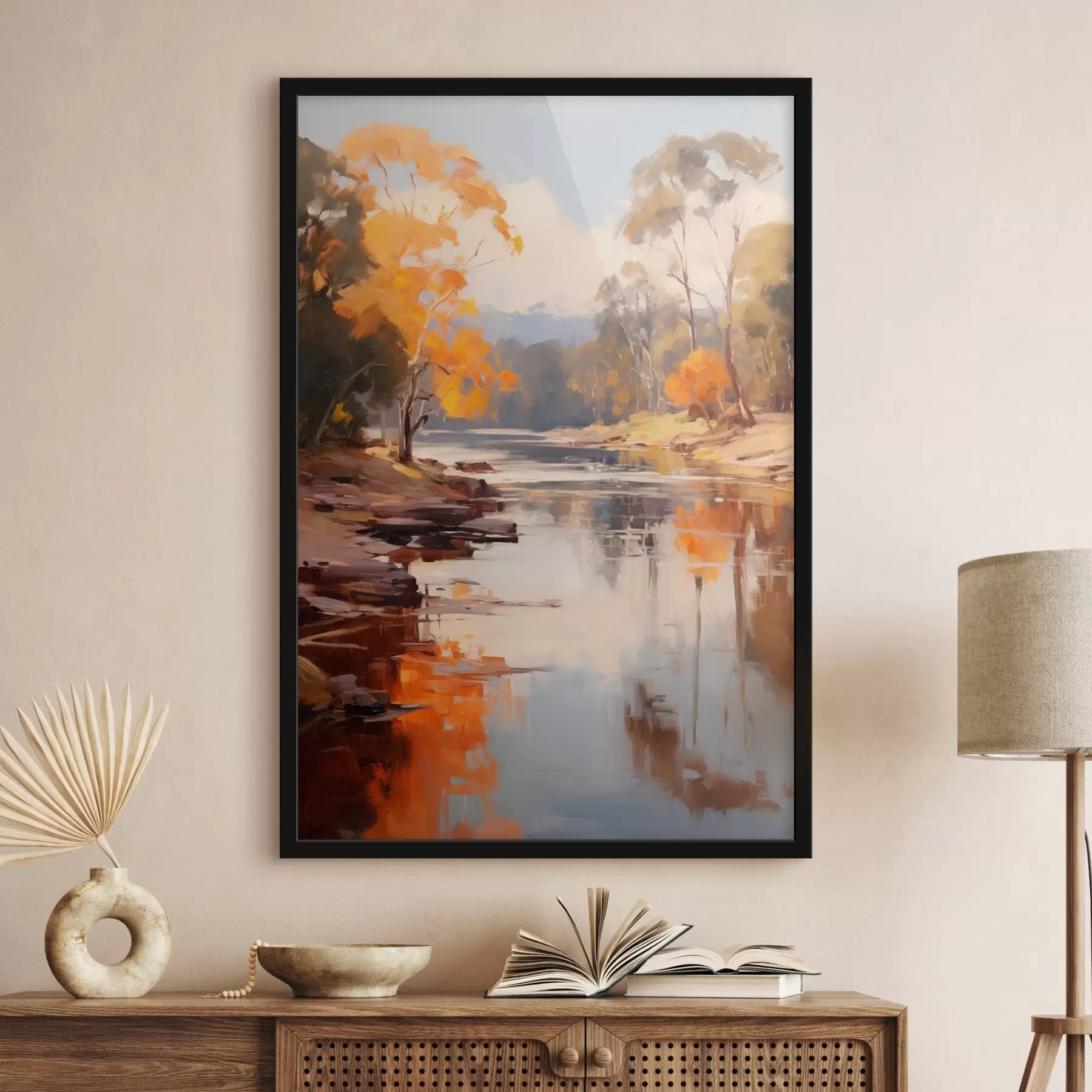 Obraz Jesienny krajobraz, rzeka z drzewami na brzegu, las w tle, odbicia na wodzie f46280