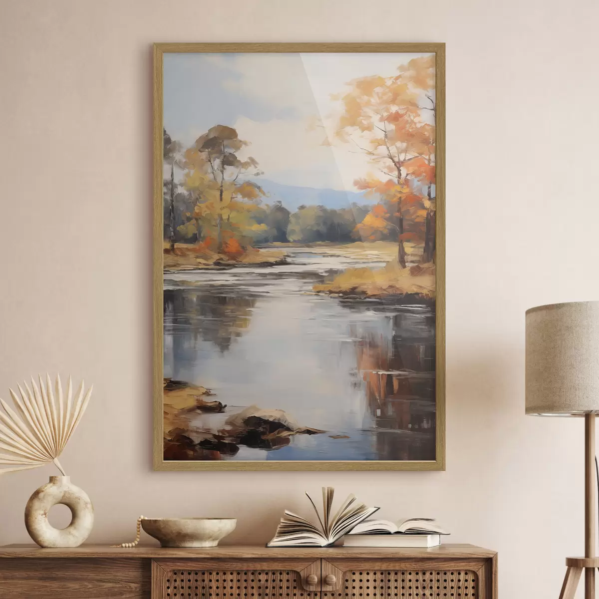 Plakat Krajobraz z rzeką płynącą przez las jesienią, żółte i pomarańczowe drzewa, styl malarski f46281