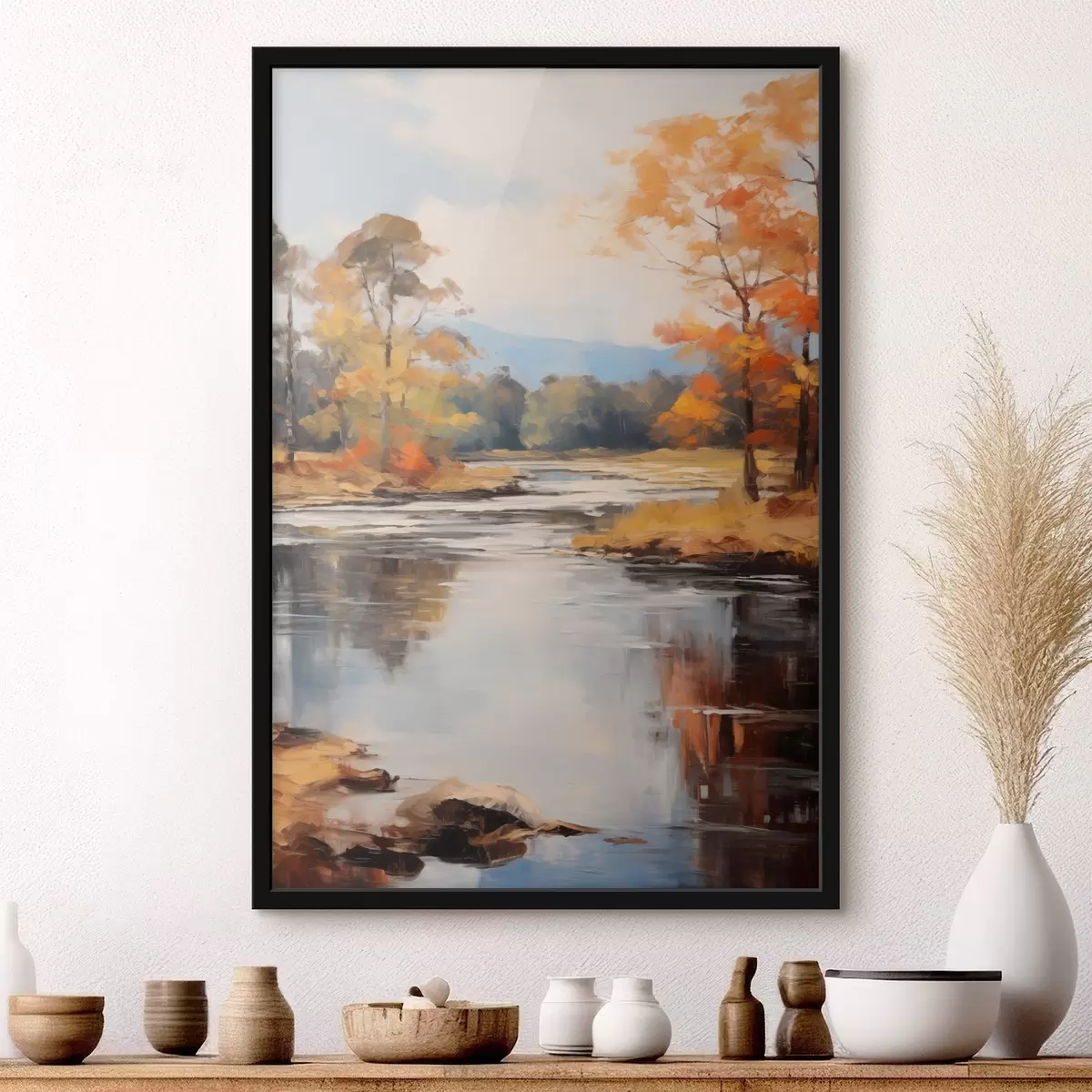 Plakat Krajobraz z rzeką płynącą przez las jesienią, żółte i pomarańczowe drzewa, styl malarski f46281