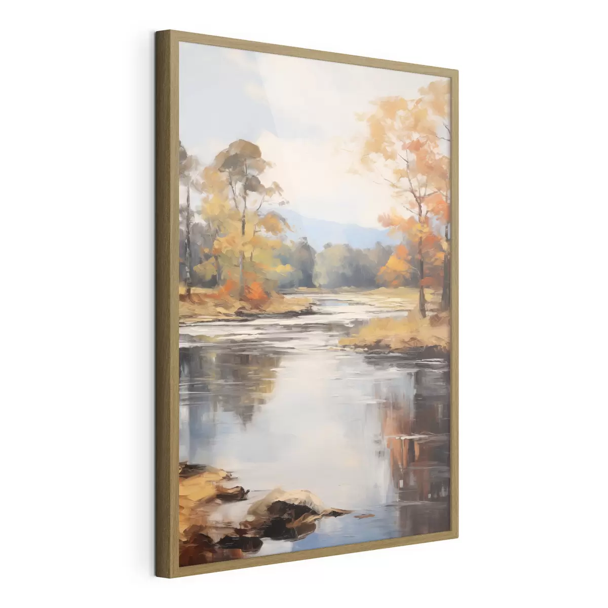 Plakat Krajobraz z rzeką płynącą przez las jesienią, żółte i pomarańczowe drzewa, styl malarski f46281