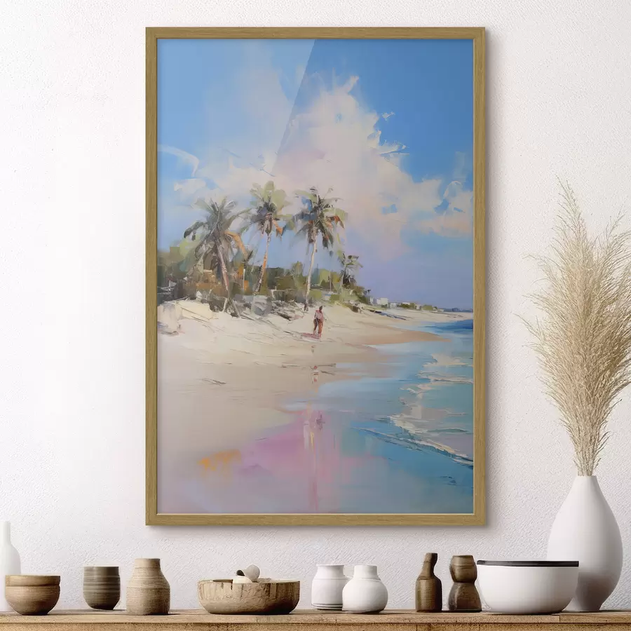 Fototapeta Abstrakcyjny krajobraz, plaża z palmami, jasny, słoneczny dzień z błękitnym niebem i kilkoma chmurami f46284