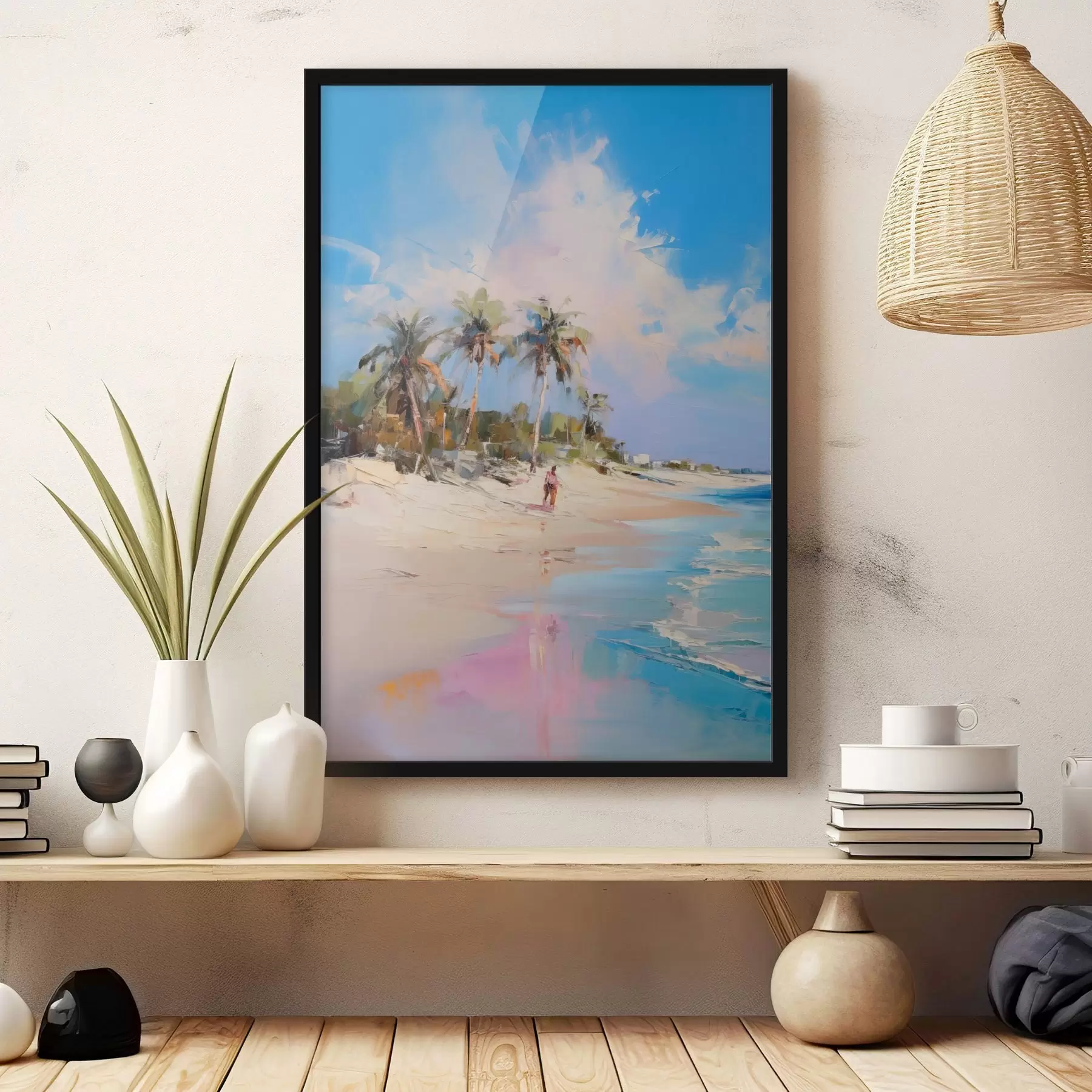 Fototapeta Abstrakcyjny krajobraz, plaża z palmami, jasny, słoneczny dzień z błękitnym niebem i kilkoma chmurami f46284