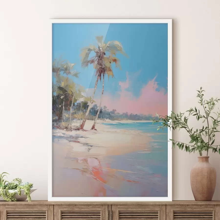 Fototapeta Abstrakcyjna tropikalna plaża z białym piaskiem i palmami, błękitne niebo z białymi chmurami f46285