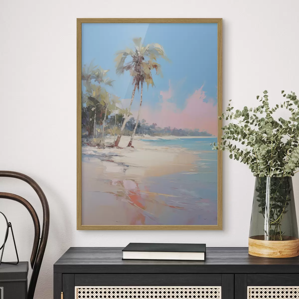 Plakat Abstrakcyjna tropikalna plaża z białym piaskiem i palmami, błękitne niebo z białymi chmurami f46285