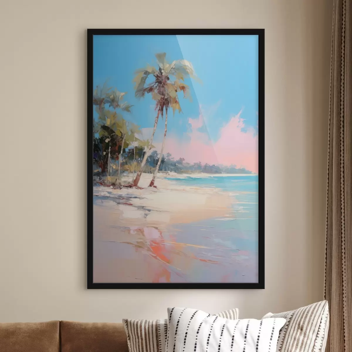 Plakat Abstrakcyjna tropikalna plaża z białym piaskiem i palmami, błękitne niebo z białymi chmurami f46285