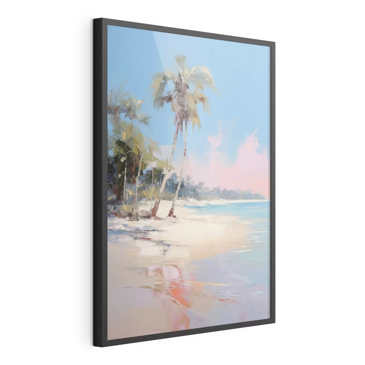 Plakat Abstrakcyjna tropikalna plaża z białym piaskiem i palmami, błękitne niebo z białymi chmurami f46285