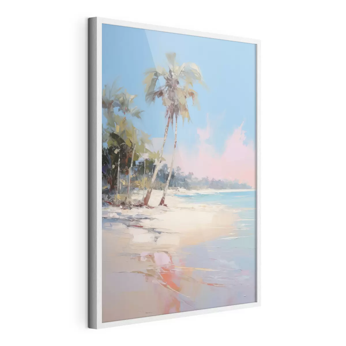 Plakat Abstrakcyjna tropikalna plaża z białym piaskiem i palmami, błękitne niebo z białymi chmurami f46285