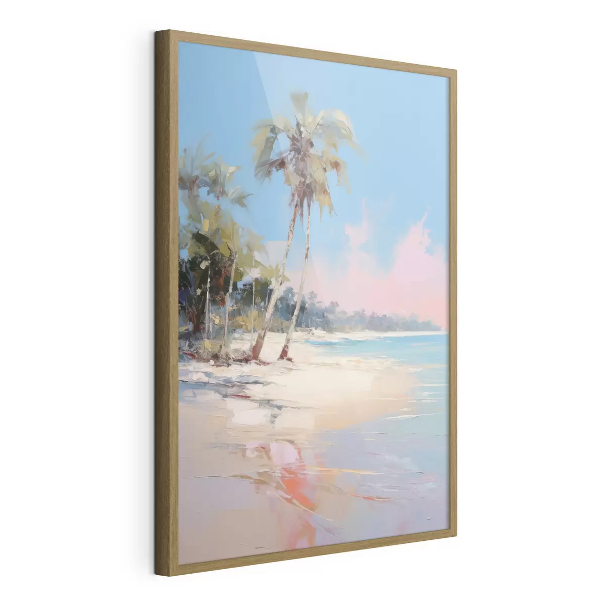 Plakat Abstrakcyjna tropikalna plaża z białym piaskiem i palmami, błękitne niebo z białymi chmurami f46285