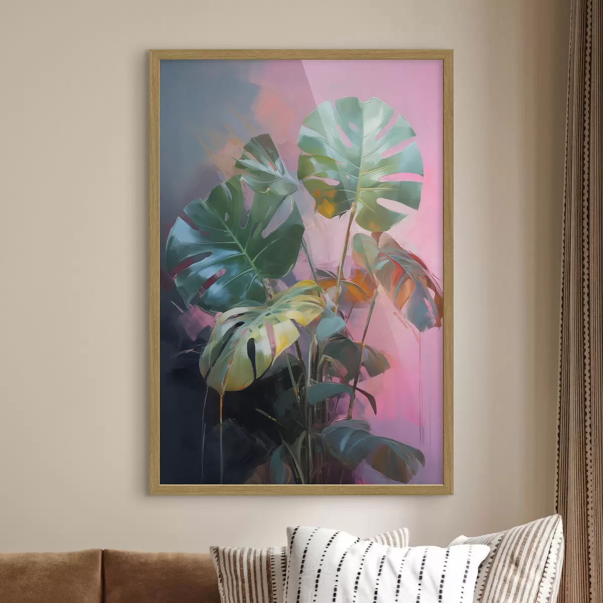 Plakat Abstrakcyjna roślina monstera o intensywnie zielonych liściach na tle delikatnych odcieni różu i fioletu f46286