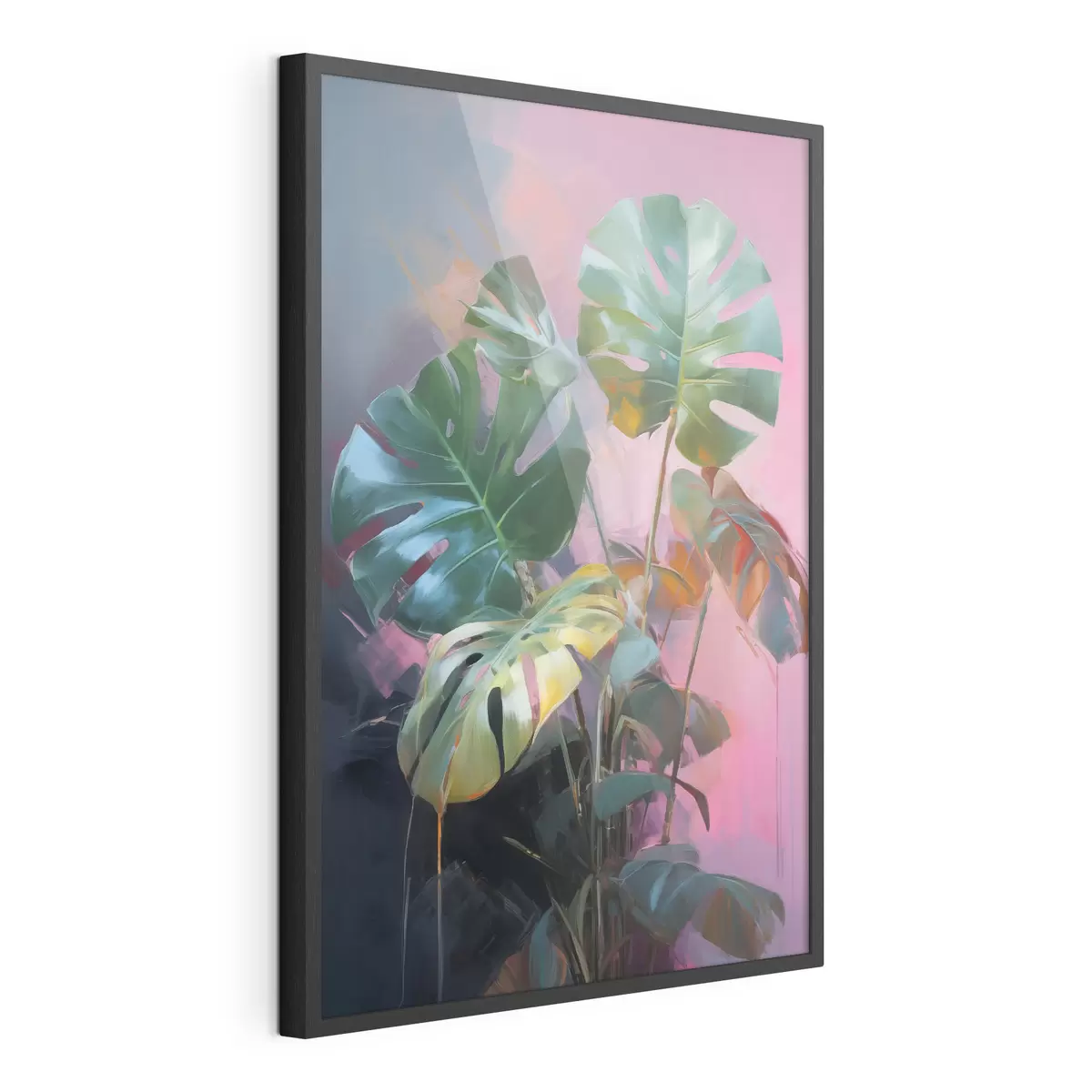 Plakat Abstrakcyjna roślina monstera o intensywnie zielonych liściach na tle delikatnych odcieni różu i fioletu f46286