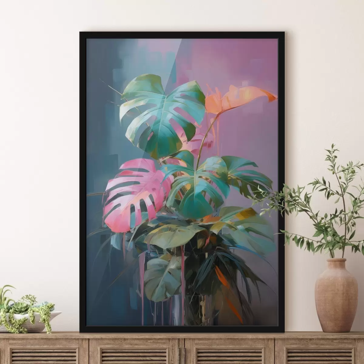 Plakat Abstrakcyjna roślina monstera z różowymi i zielonymi liśćmi, żywe kolory, na zamazanym tle f46287