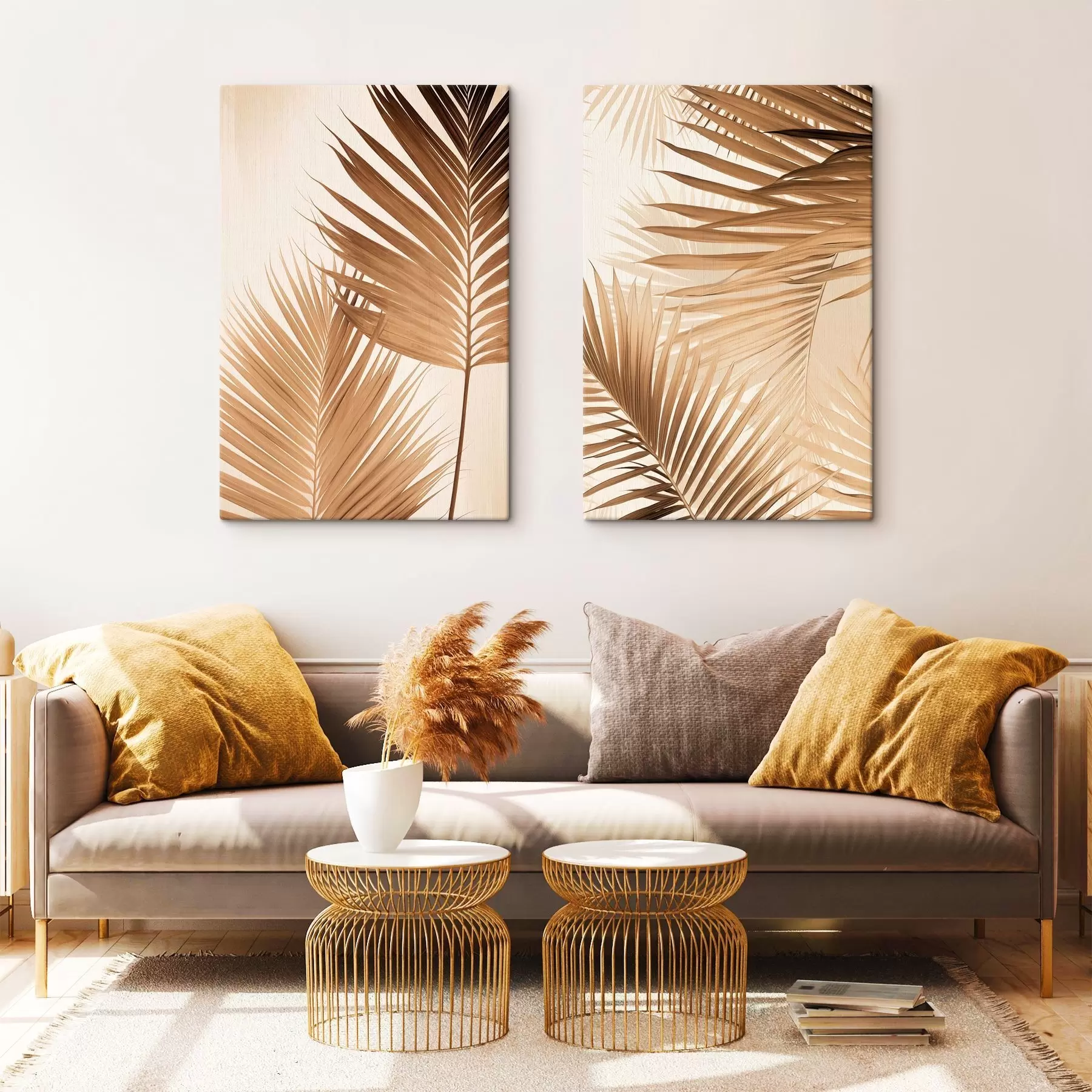 Obraz Liście palmowe w brązowych odcieniach, neutralne tło, minimalistyczny styl, naturalne oświetlenie, tropikalny klimat m00880