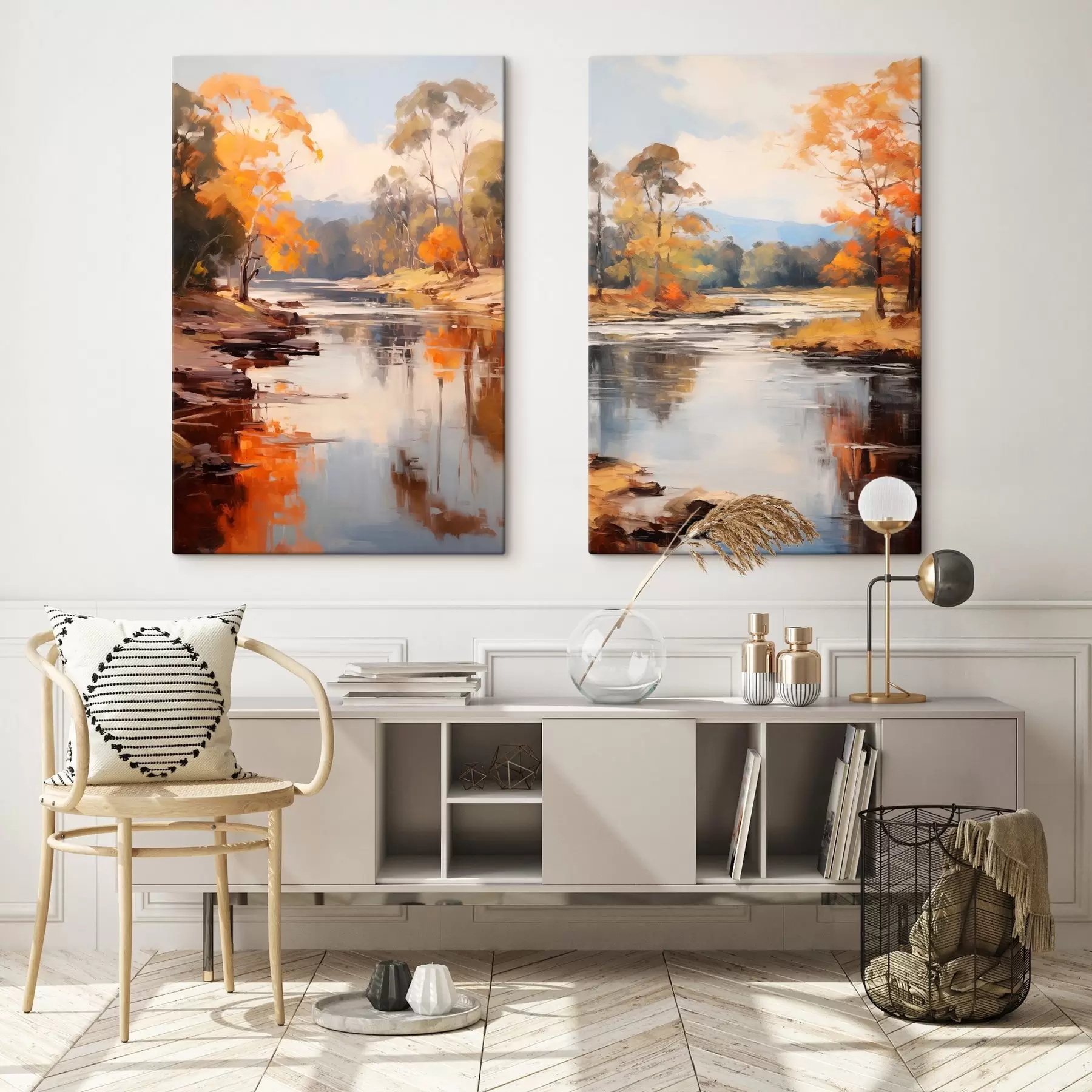 Obraz Jesienny krajobraz, rzeka z drzewami na brzegu, las w tle, odbicia na wodzie m00883