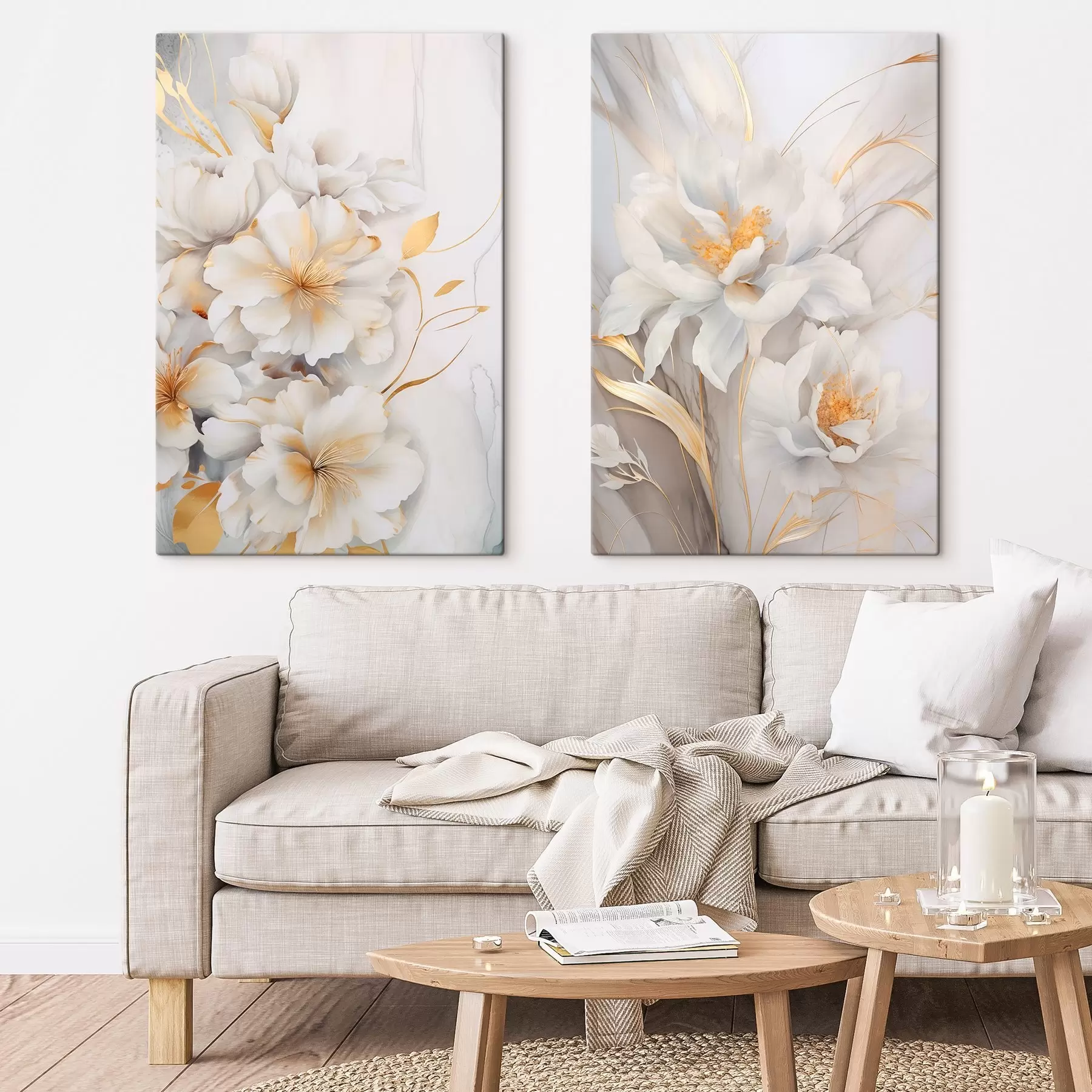 Obraz Białe kwiaty z żółtymi detalami, płatki z delikatnymi cieniami, jasne tło z subtelnym efektem marmuru m00889