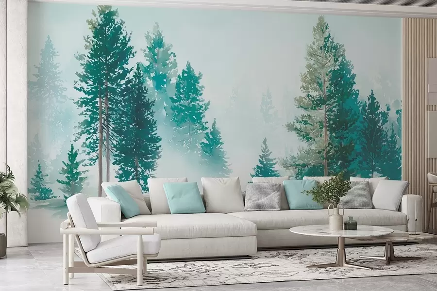 Fototapeta Mglisty las sosnowy w stylu akwareli w09444