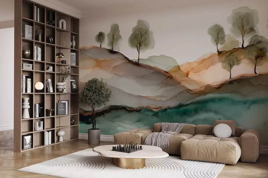 Fototapeta Abstrakcyjny pejzaż w stylu alkoholu atramentowego — wzgórza i drzewa w pastelowych odcieniach w09457