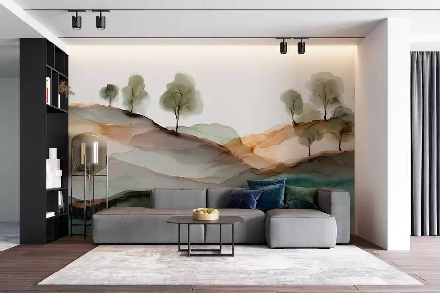 Fototapeta Abstrakcyjny pejzaż w stylu alkoholu atramentowego — wzgórza i drzewa w pastelowych odcieniach w09457
