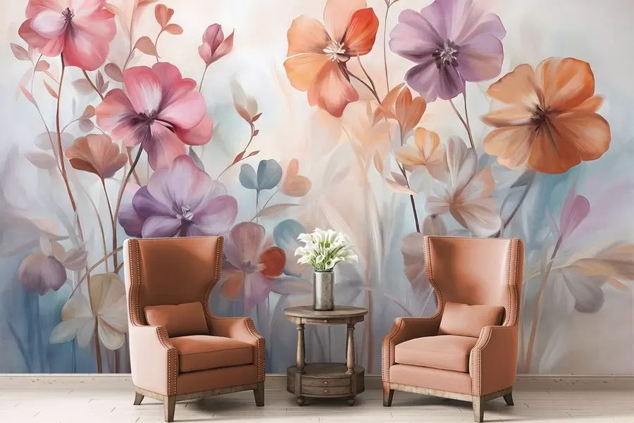 Fototapeta Kompozycja kwiatowa o fakturalnej strukturze, zawierająca różowe, fioletowe i pomarańczowe kwiaty z zielonymi łodygami i liśćmi, utrzymana w delikatnej pastel w09486