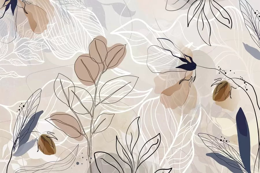 Fototapeta Beżowe abstrakcyjne tło z liśćmi i kwiatami, nowoczesne, minimalistyczne, organiczne kształty, botaniczny nadruk  w09487