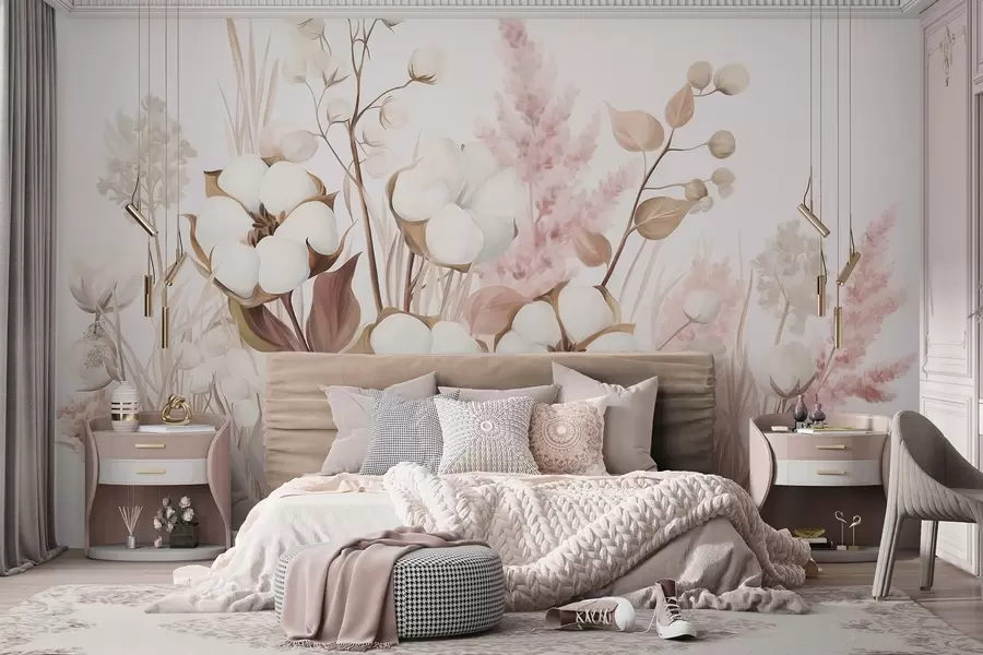 Fototapeta Kwiaty o fakturze bawełny z białą i różową trawą pampasową, beżowymi i brązowymi liśćmi oraz ziołami, białe tło w09489