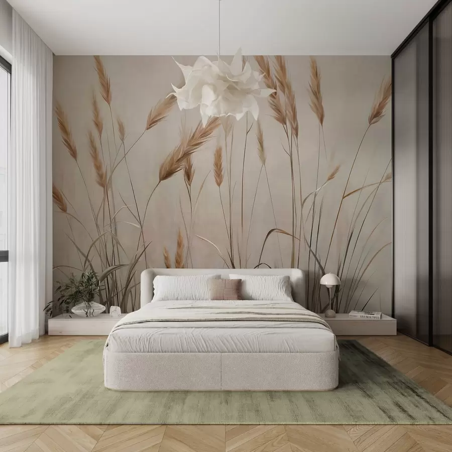 Fototapeta Pole pszenicy z żółtymi kłosami, beżowe tło, naturalne oświetlenie, ciepłe odcienie, szczegółowe pociągnięcia pędzla w09493