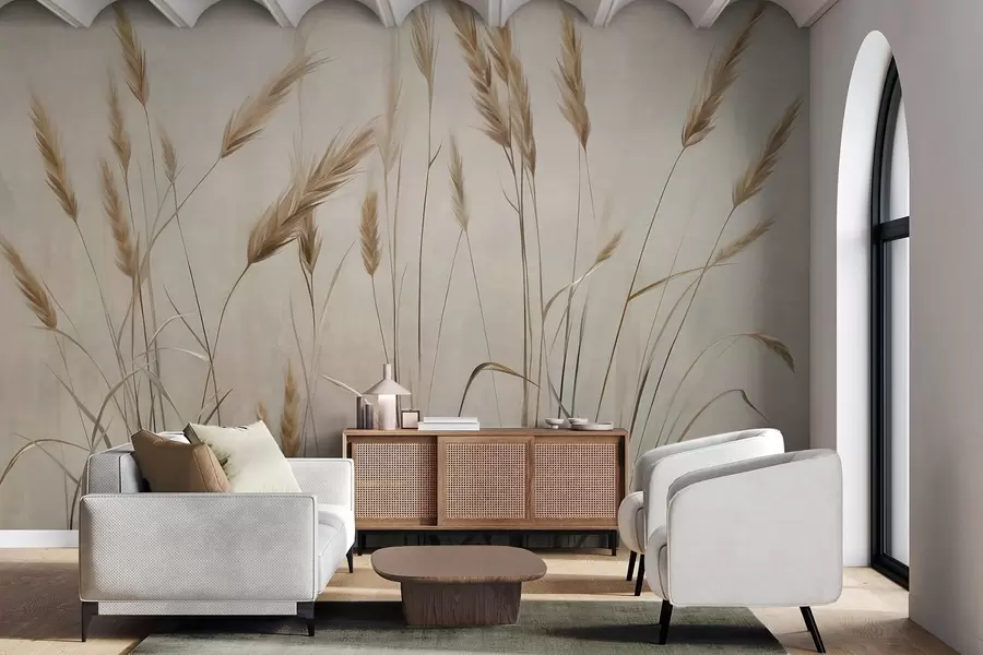 Fototapeta Pole pszenicy z żółtymi kłosami, beżowe tło, naturalne oświetlenie, ciepłe odcienie, szczegółowe pociągnięcia pędzla w09493