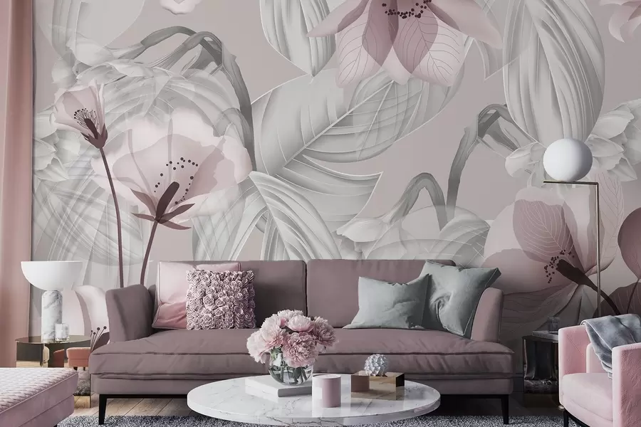 Fototapeta Różowe kwiaty i szare liście, kwiatowe tło botaniczne, elegancki wzór, delikatne kolory, lekkie, subtelne detale w09497