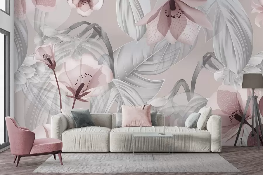 Fototapeta Różowe kwiaty i szare liście, kwiatowe tło botaniczne, elegancki wzór, delikatne kolory, lekkie, subtelne detale w09497