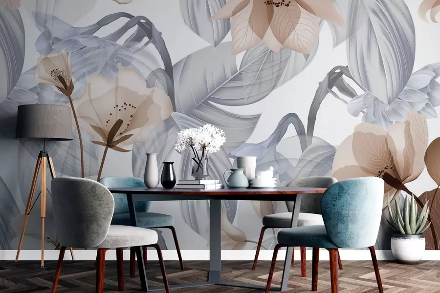 Fototapeta Brązowe kwiaty i szare liście, kwiatowe tło botaniczne, elegancki wzór, delikatne kolory, lekkie, subtelne detale w09497v1