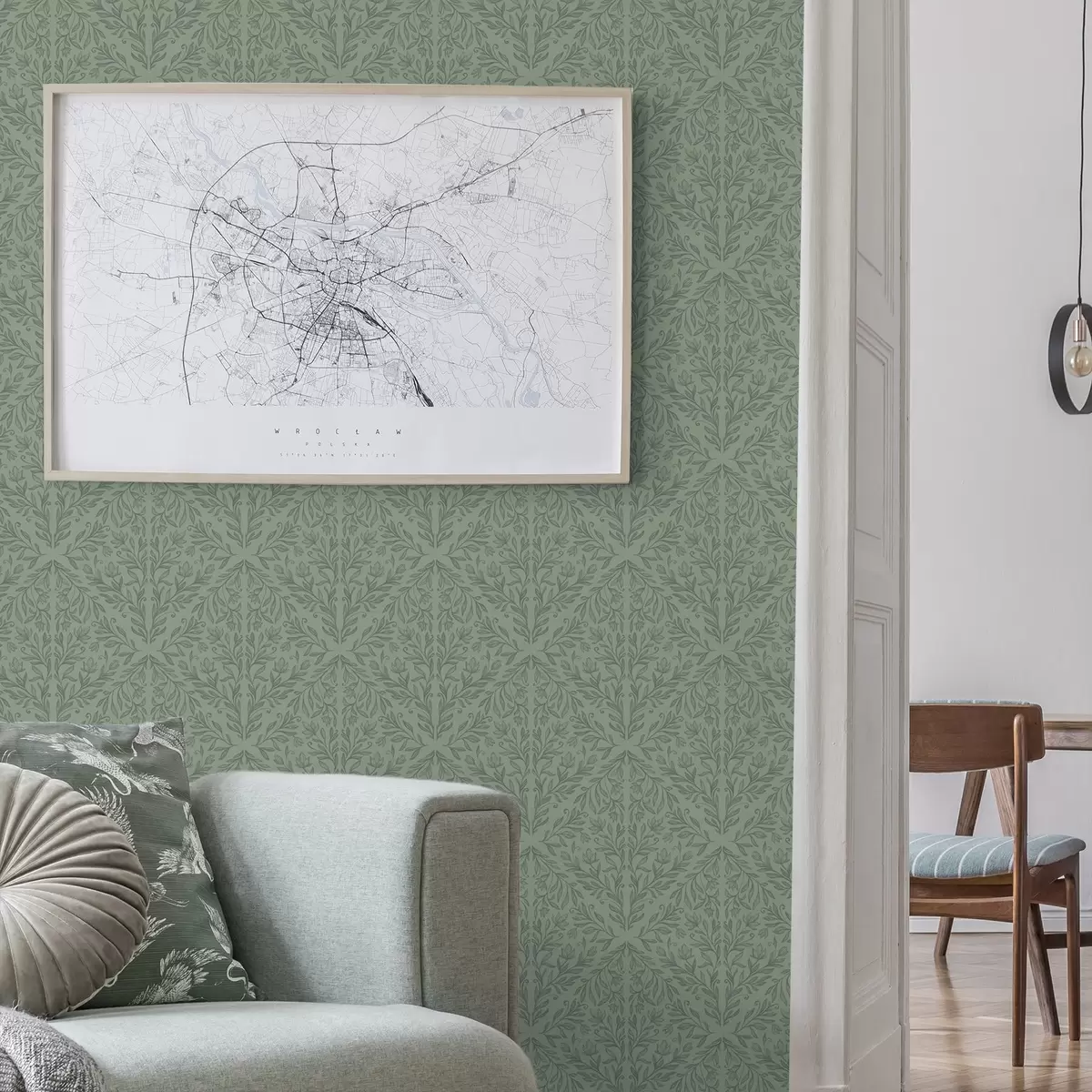 Tapeta Delikatny botaniczny adamaszek w stonowanej zieleni a00815v1