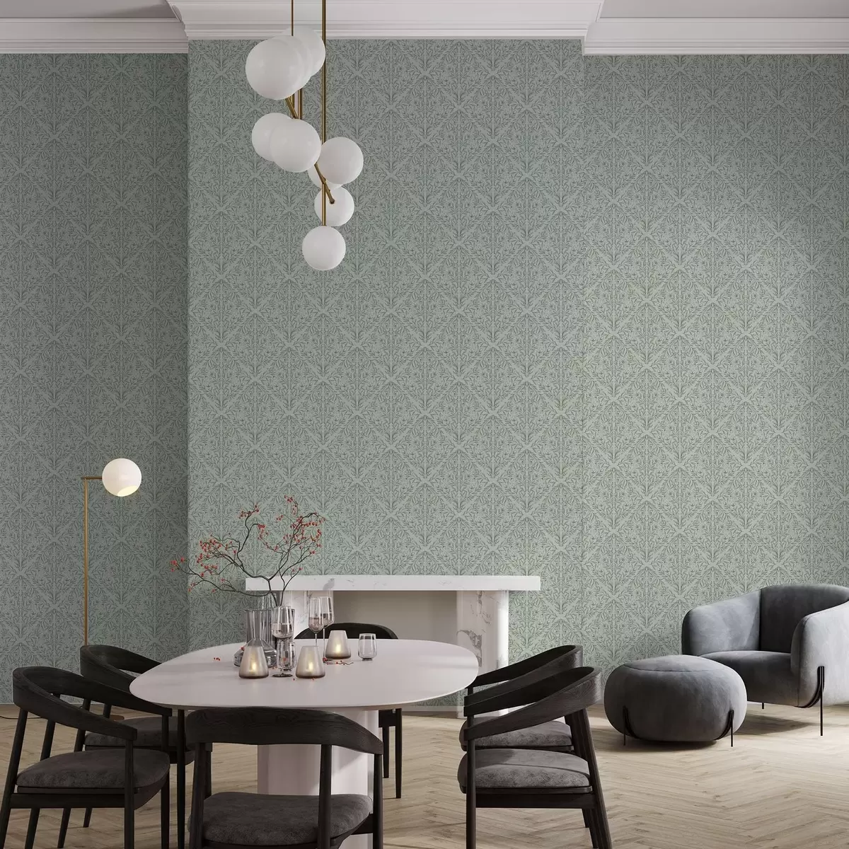 Tapeta Koronkowa sesja zdjęciowa na tle pastelowej zieleni, delikatna głębia a00815v3