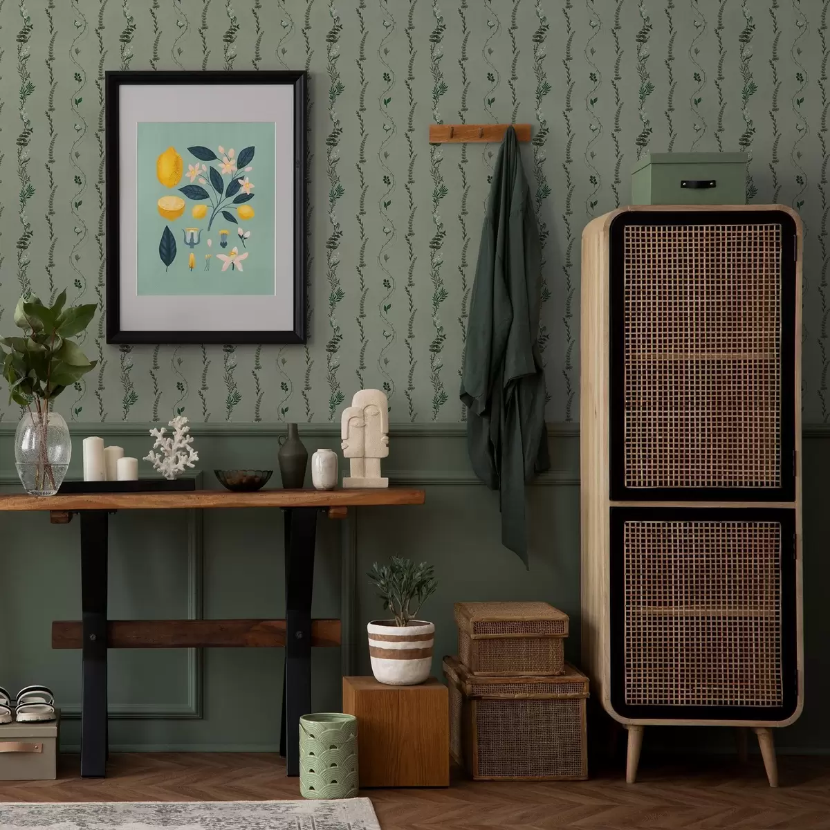 Tapeta Pionowe pnącza i gałązki na stonowanym zielonym tle a00817v1 Tapeta Pionowe pnącza i gałązki na stonowanym zielonym tle a00817v1