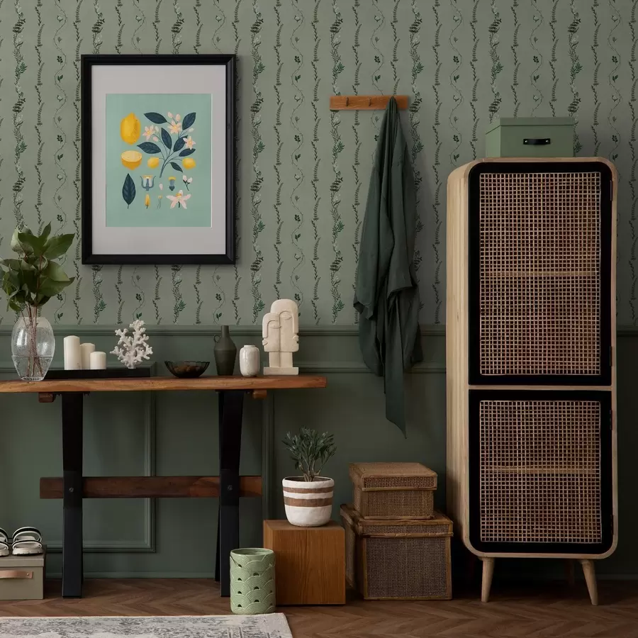 Fototapeta Pionowe pnącza i gałązki na stonowanym zielonym tle a00817v1