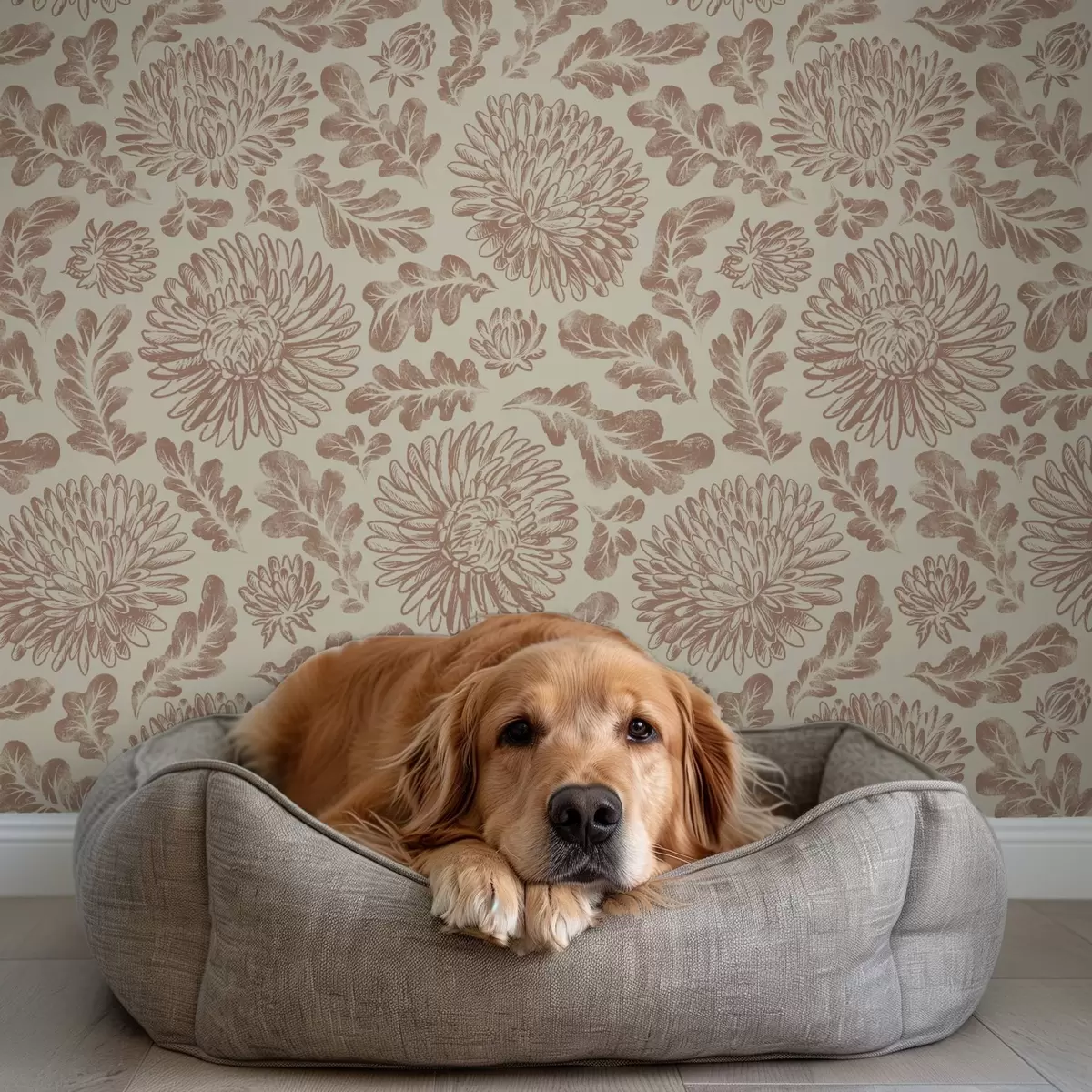 Tapeta Chryzantemy i liście dębu w delikatnym beżowo-brązowym kolorze a00840 Tapeta Chryzantemy i liście dębu w delikatnym beżowo-brązowym kolorze a00840